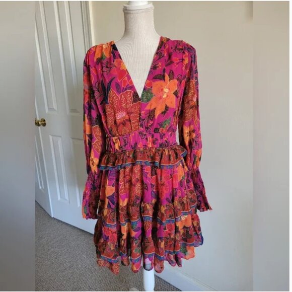 Farm Rio Tropical Tapestry Colorful Long Sleeve Mini Dress size M - Picture 5 of 9